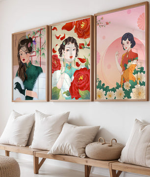 Conjunto De Impresiones Artísticas Inspiradas En Moda Asiática Con Elementos De Flores