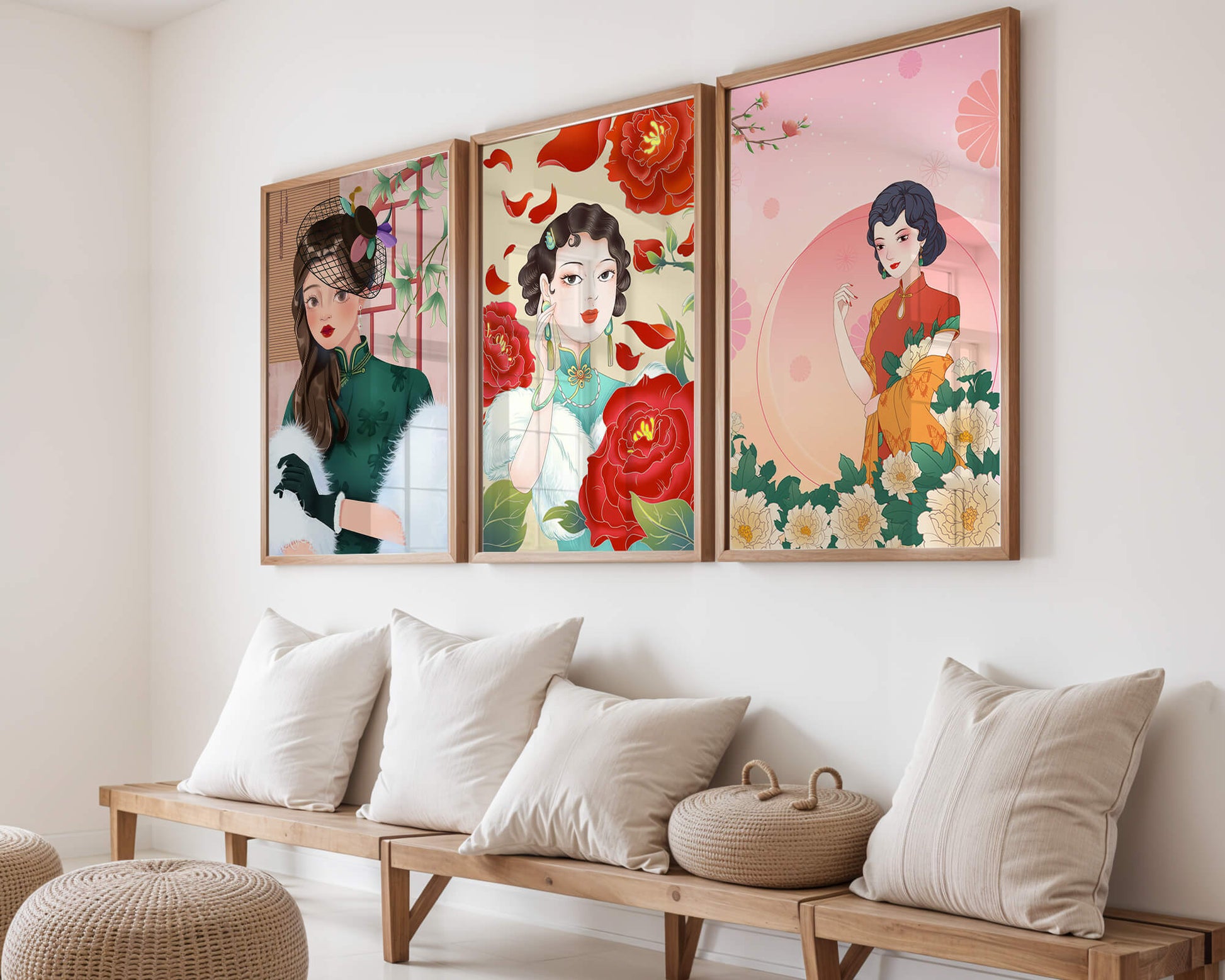 Conjunto De Impresiones Artísticas Inspiradas En Moda Asiática Con Elementos De Flores
