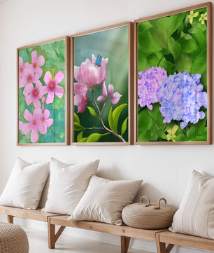 Ensemble de tableaux avec fleurs roses, papillon et hortensias