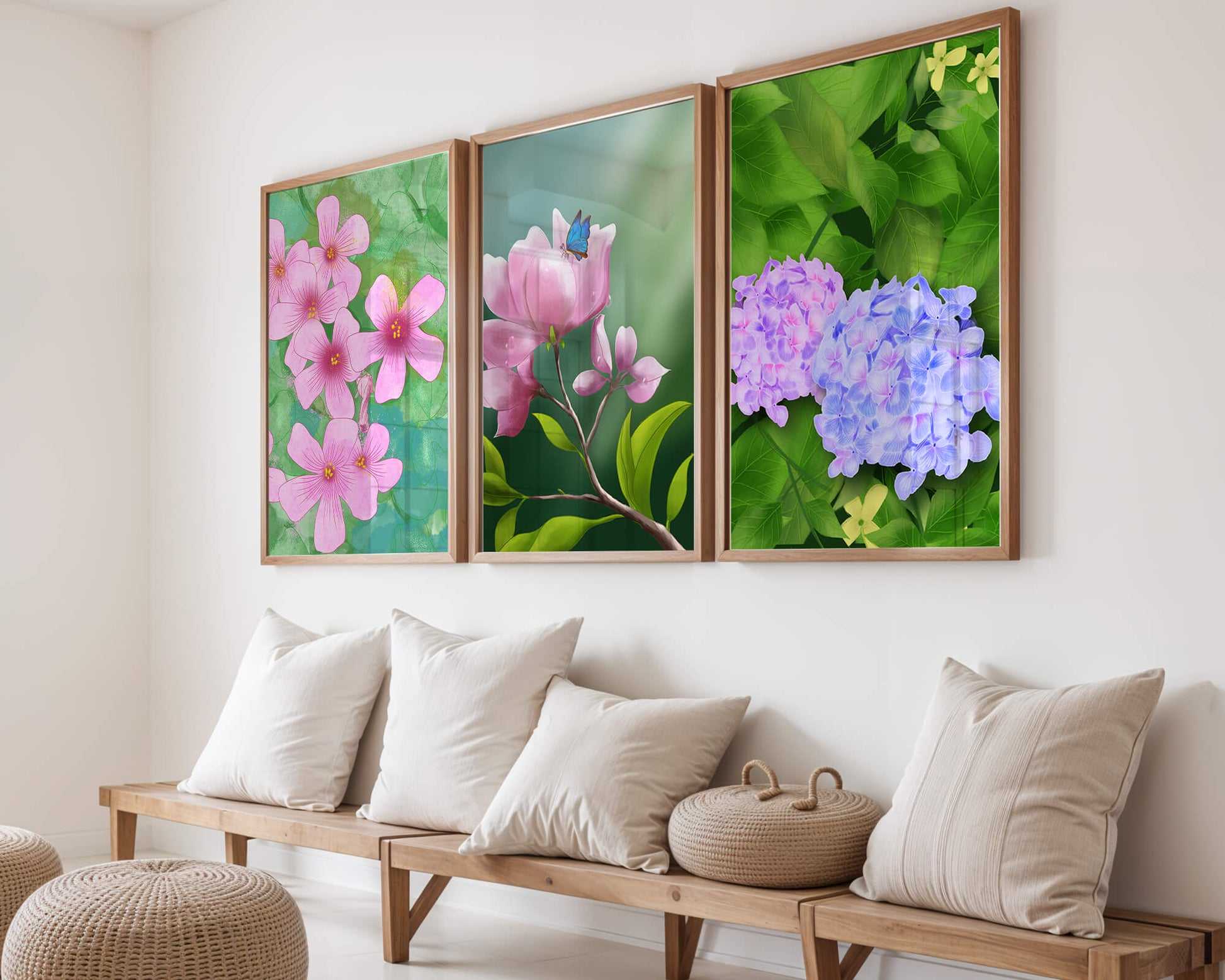 Ensemble de tableaux avec fleurs roses, papillon et hortensias