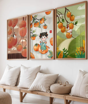 Illustrations de fruits avec des filles sur un fond en bois