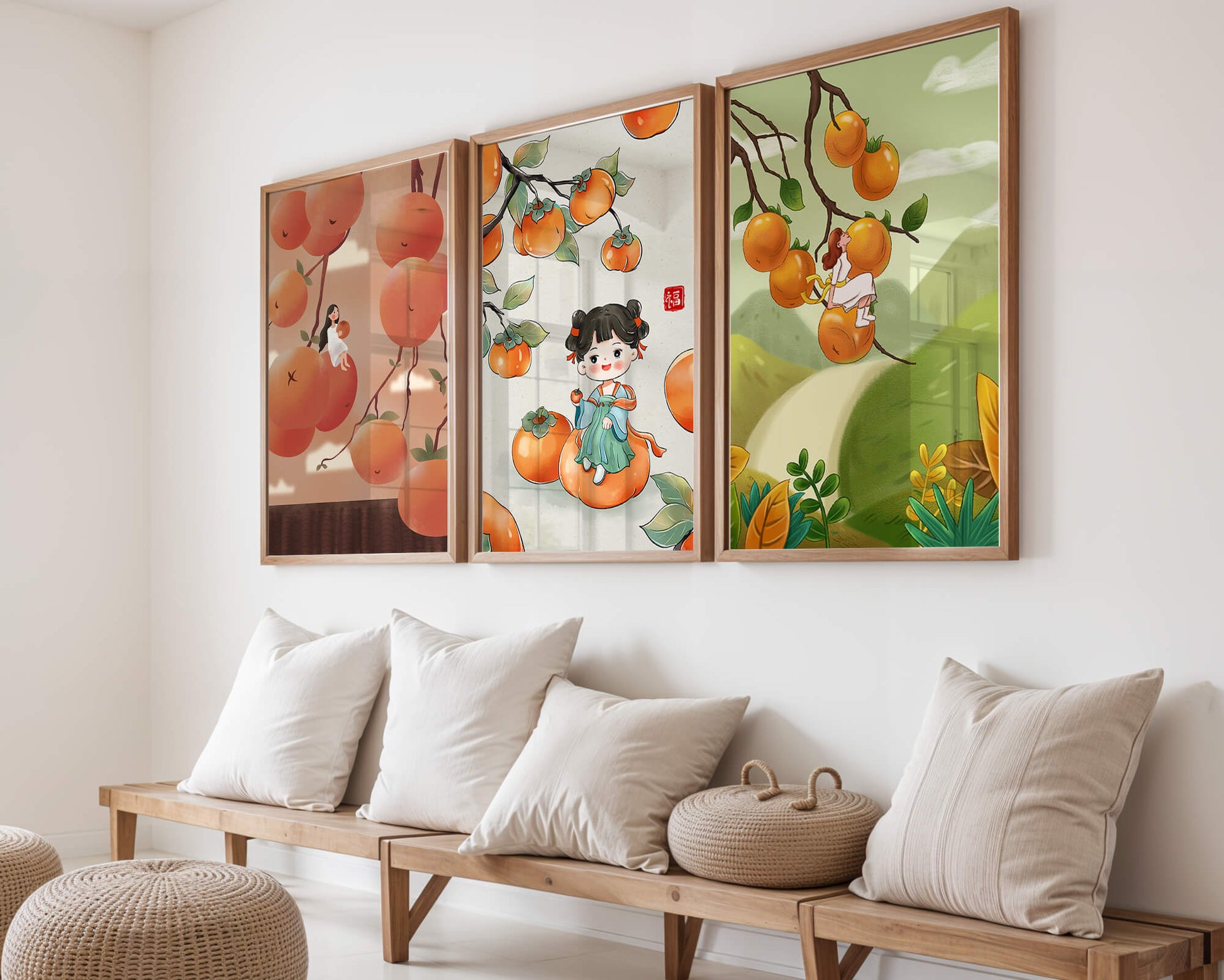 Illustrations de fruits avec des filles sur un fond en bois