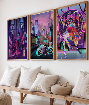 Triptyque de style cyberpunk avec des personnages en art numérique