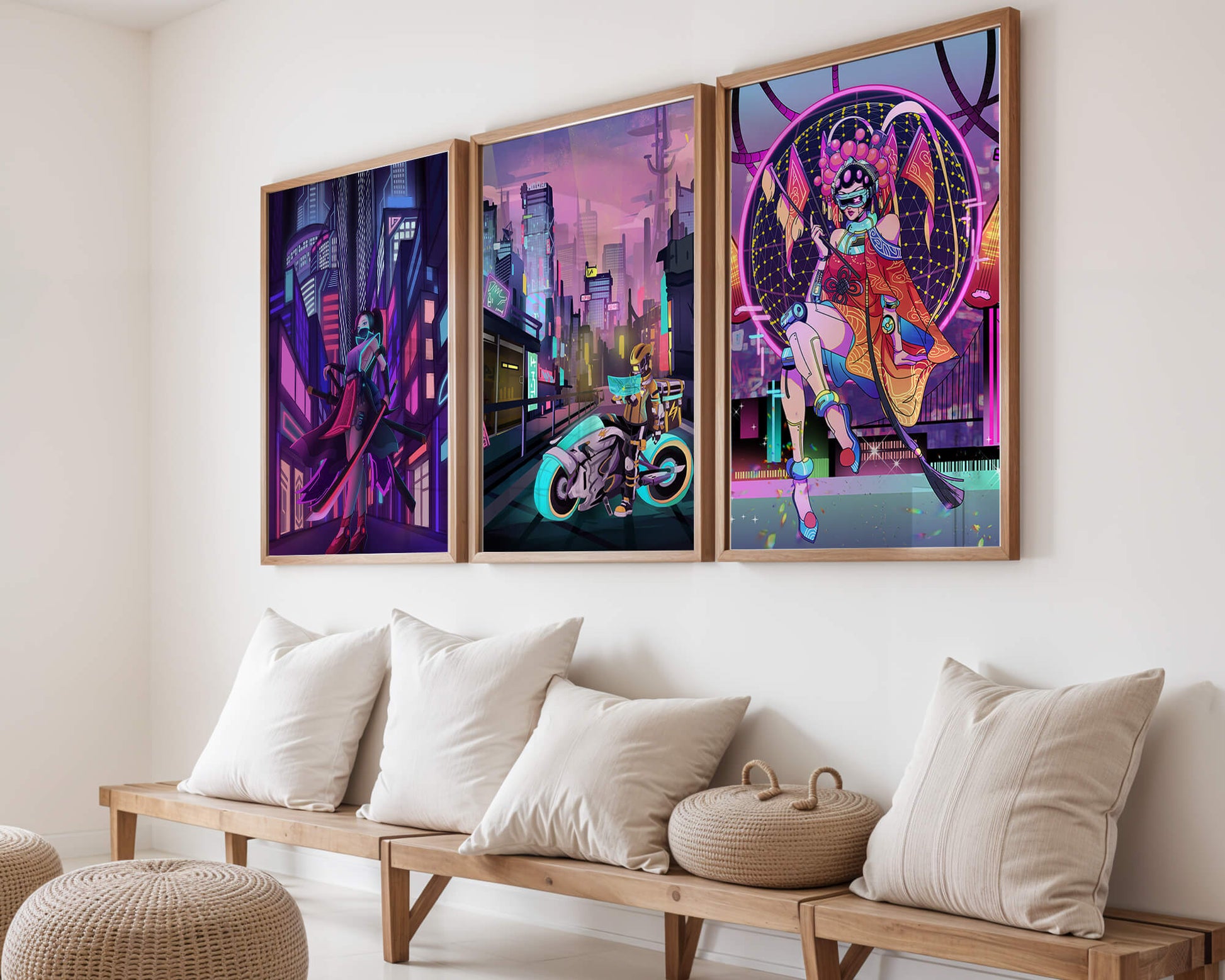 Triptyque de style cyberpunk avec des personnages en art numérique