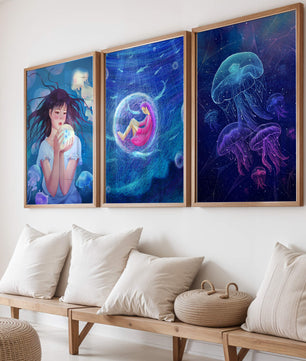 Ensemble de toiles avec illustrations de méduses et de personnages