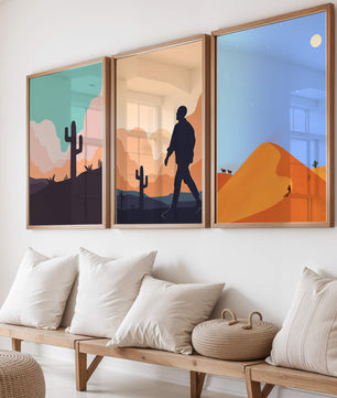 Ensemble d'impressions artistiques de paysages désertiques avec des silhouettes et des cactus