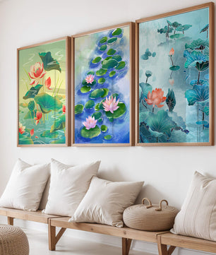 Triptyque d'aquarelles de fleurs de lotus au design moderne