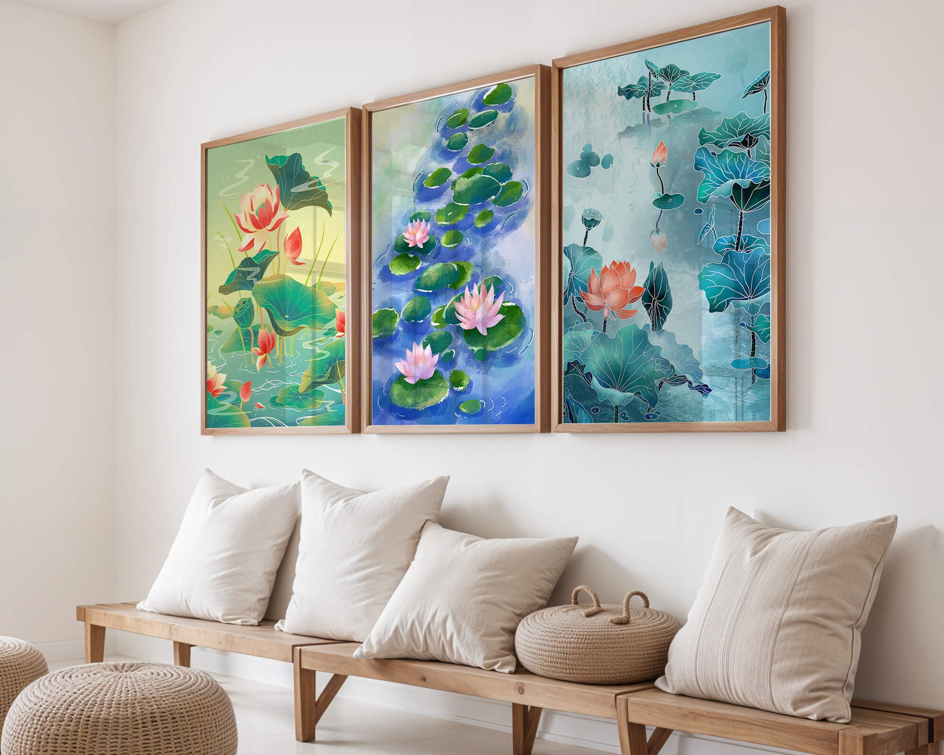 Tríptico de acuarelas de flores de loto en diseño moderno
