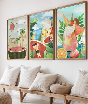 Ensemble d'illustrations estivales avec des fruits et des scènes tropicales