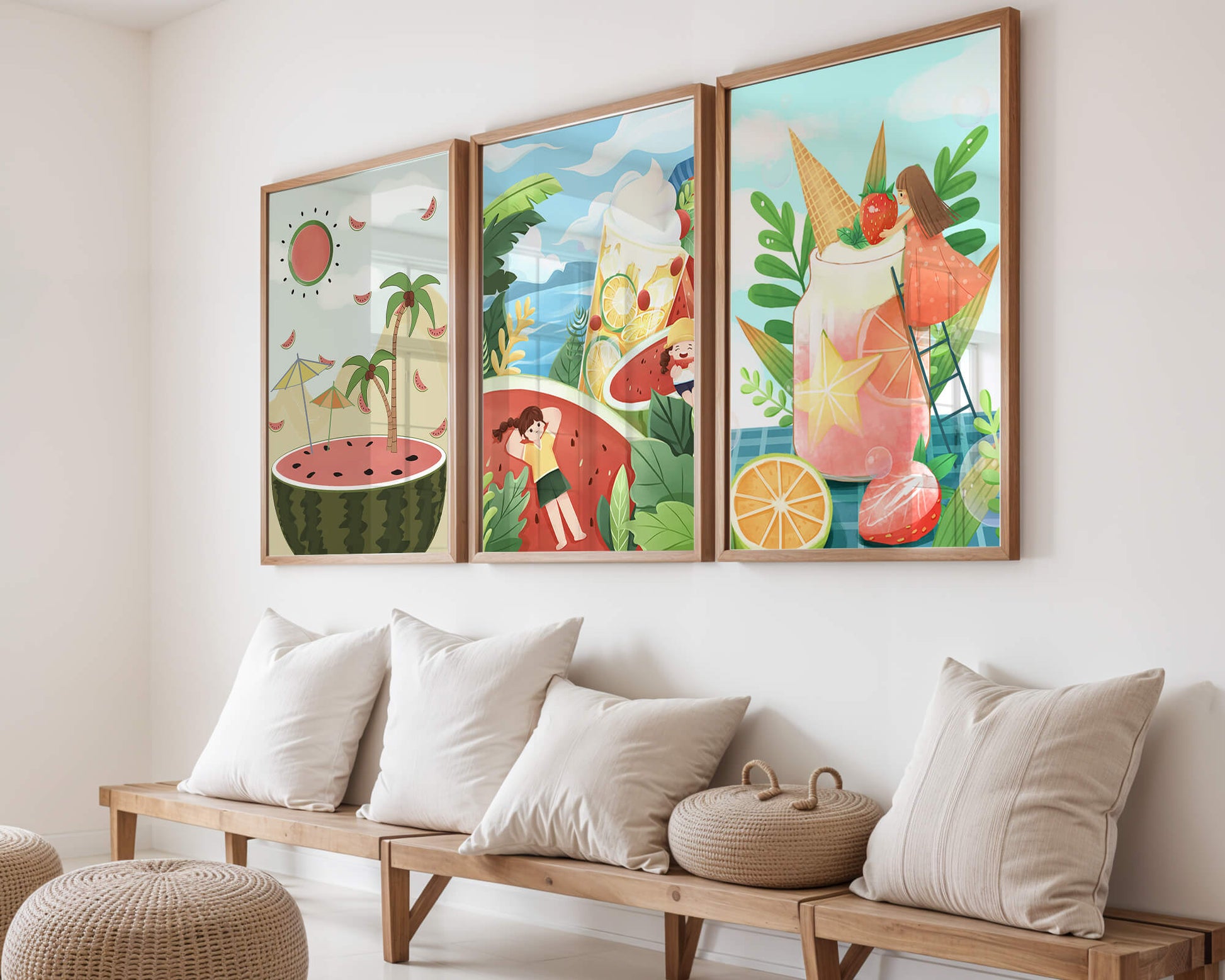 Conjunto de Ilustraciones Veraniegas con Frutas y Escenas Tropicales