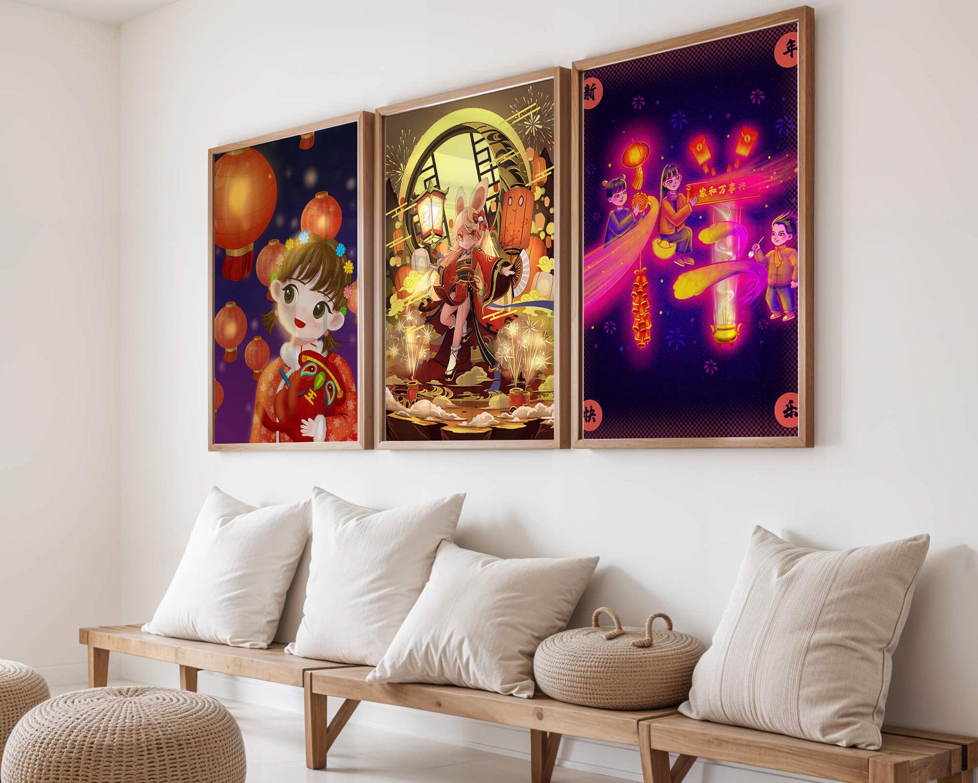 Impressions artistiques d’illustrations asiatiques avec des lanternes sur fond de bois clair