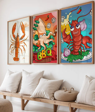 Affiches de fruits de mer amusants dans un style illustratif