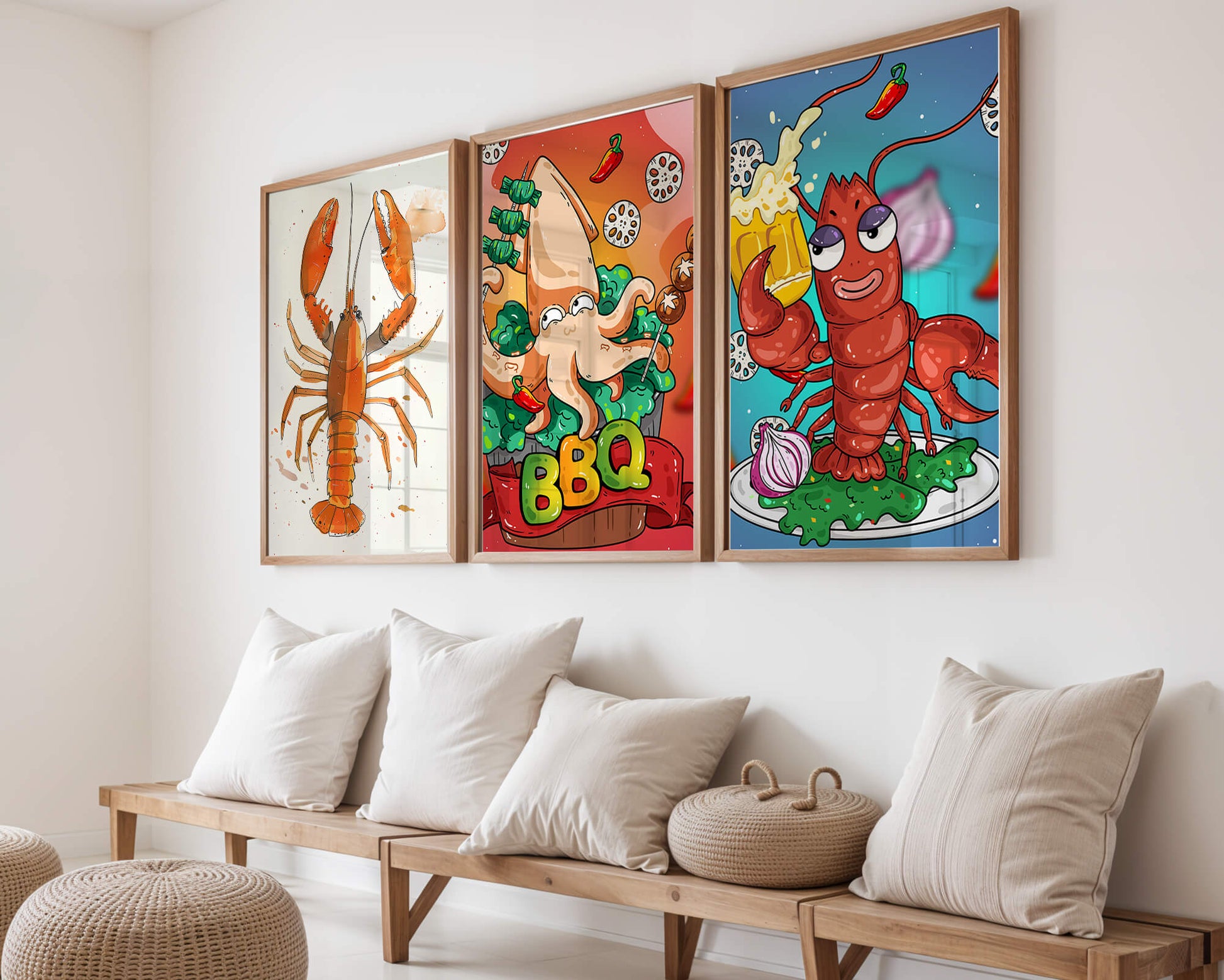 Affiches de fruits de mer amusants dans un style illustratif