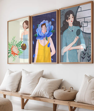 Tableaux modernes avec illustrations artistiques féminines dans un style coloré