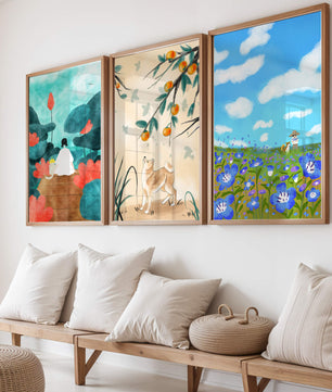 Ensemble de peintures artistiques avec des éléments naturels et des animaux
