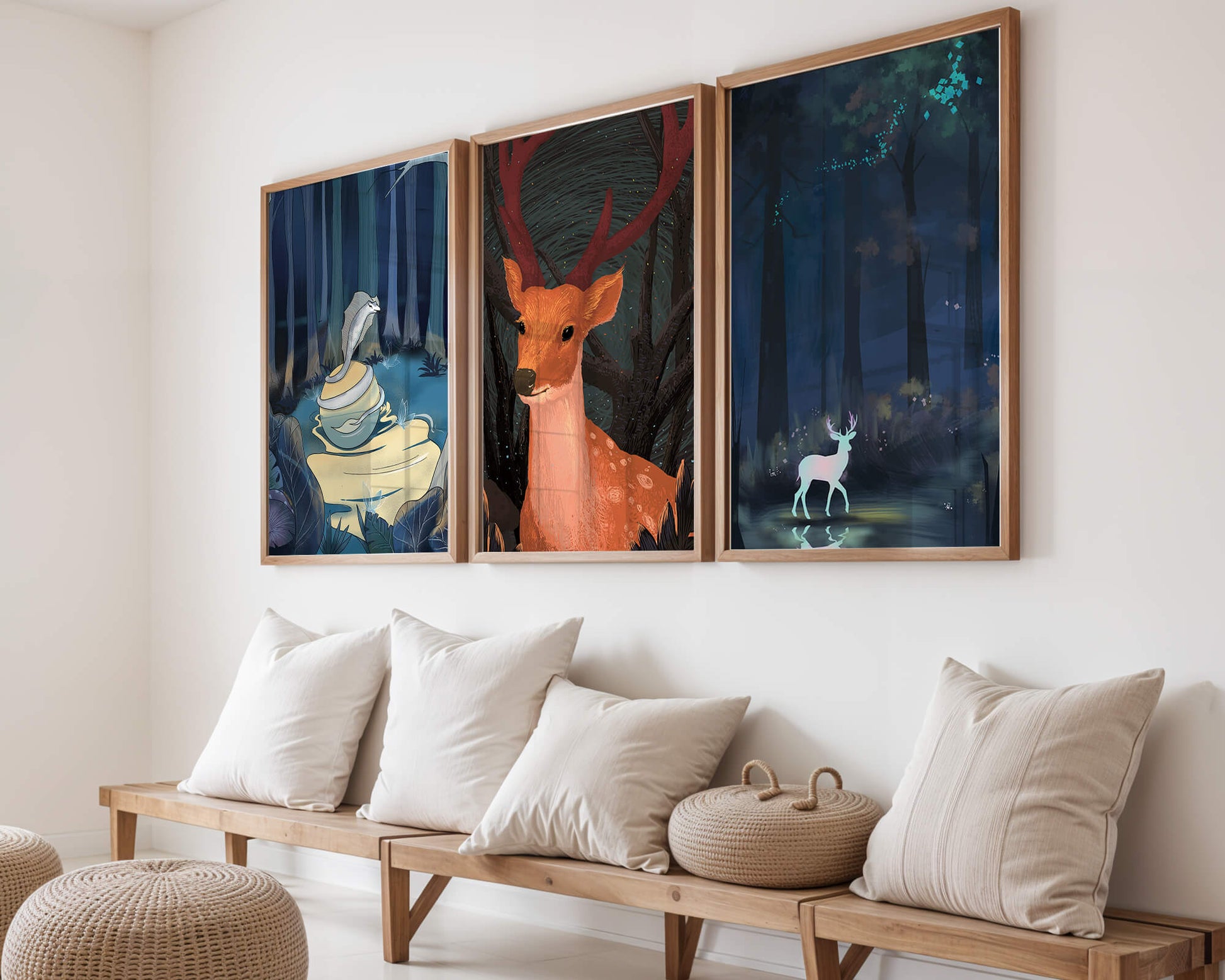 Tríptico De Animales En El Bosque Con Impresión Artística