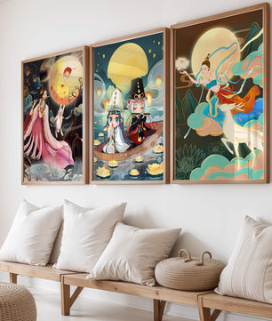 Peintures fantastiques avec lune pleine et personnages mythologiques