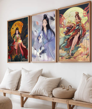 Triptyque d'art asiatique de style anime exposé sur un mur