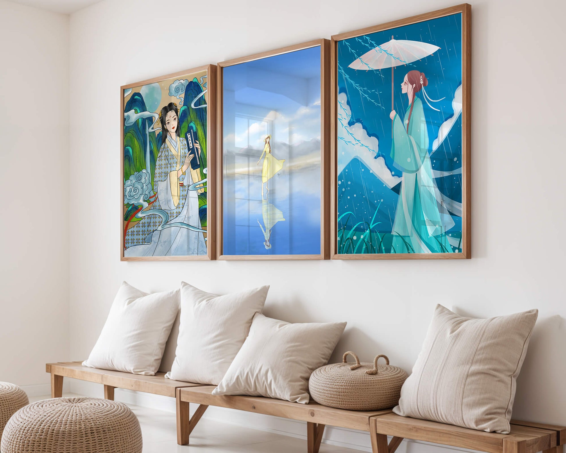 Decoración De Arte De Estilo Oriental Con Tres Obras