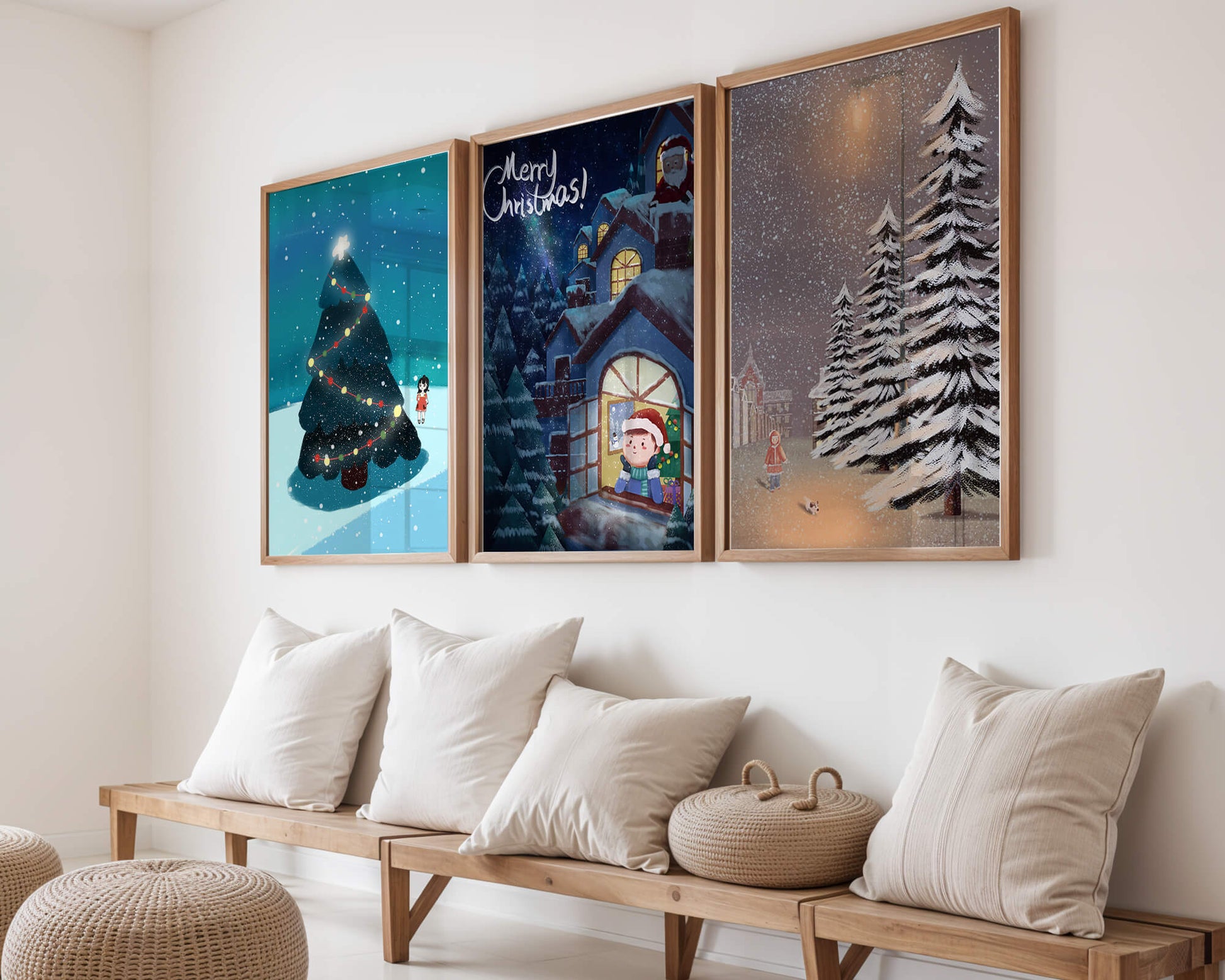 Decoración Navideña con Ilustraciones de Invierno y Ámbitos Festivos