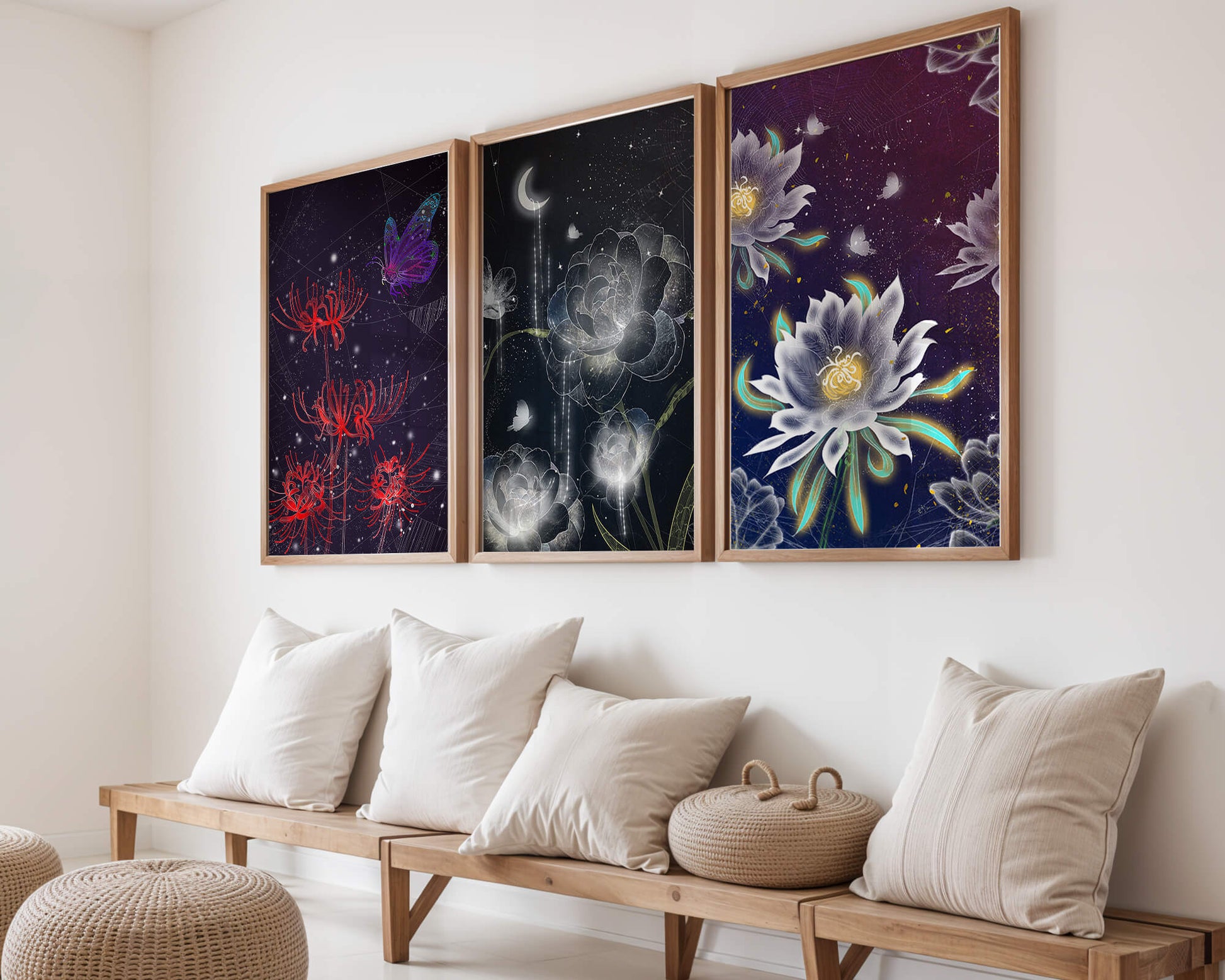 Pared Decorada con Conjunto de Tres Lienzos de Flores y Elementos Naturales