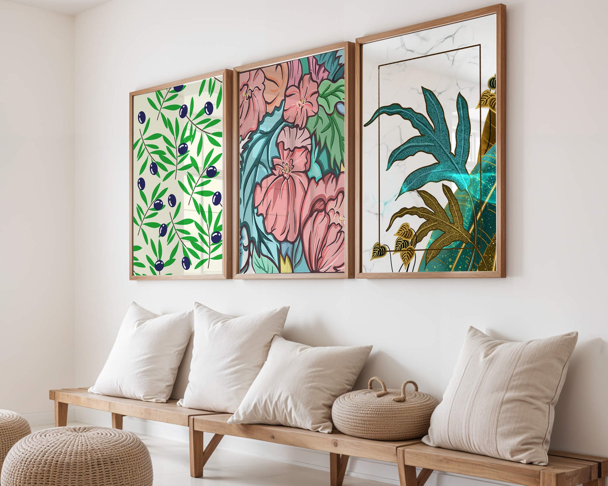 Impressions florales et tropicales sans cadre dans un salon moderne