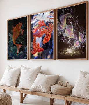 Impressions artistiques de carpes koï au style oriental
