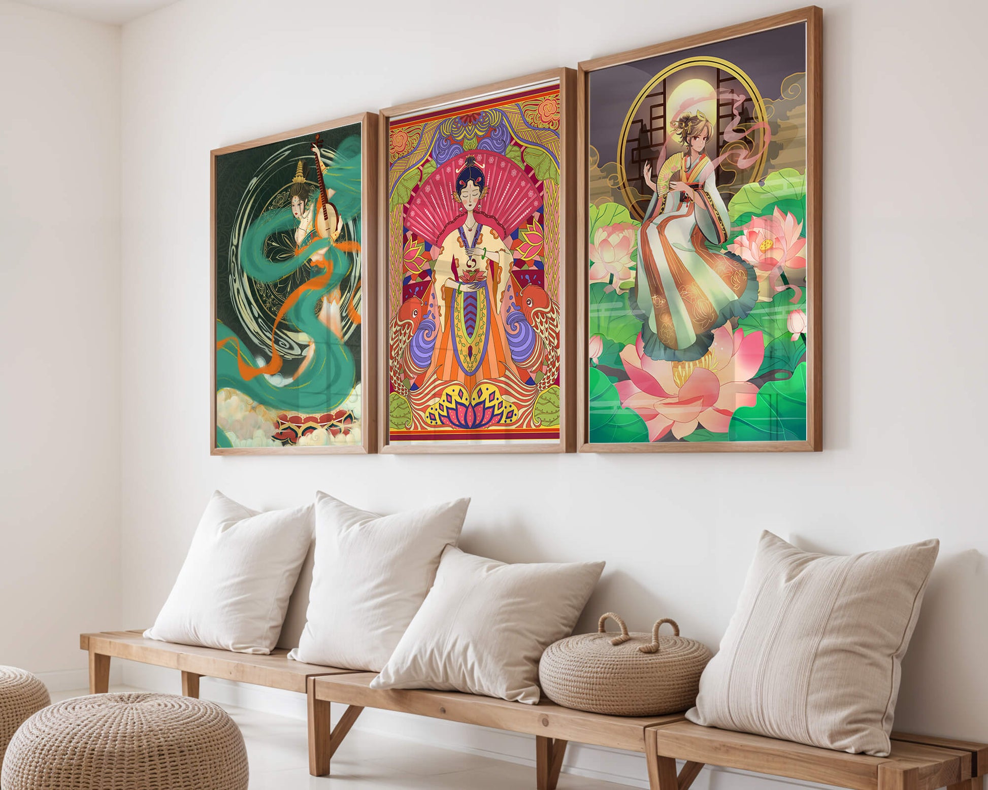 Conjunto de Tres Obras de Arte Oriental en Bloques de Madera