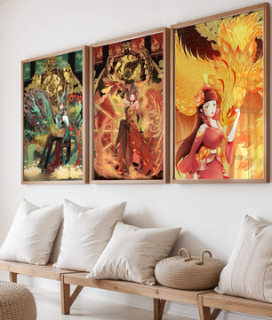 Fantasievolle Illustrationen mit mythologischen Motiven in leuchtenden Farben