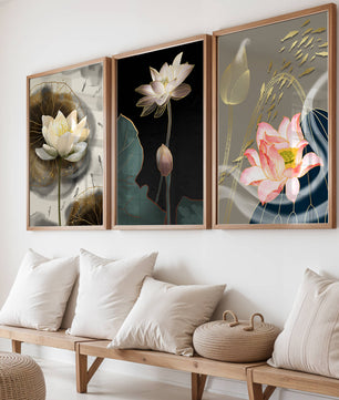 Impressions élégantes de fleurs de lotus avec finition dorée