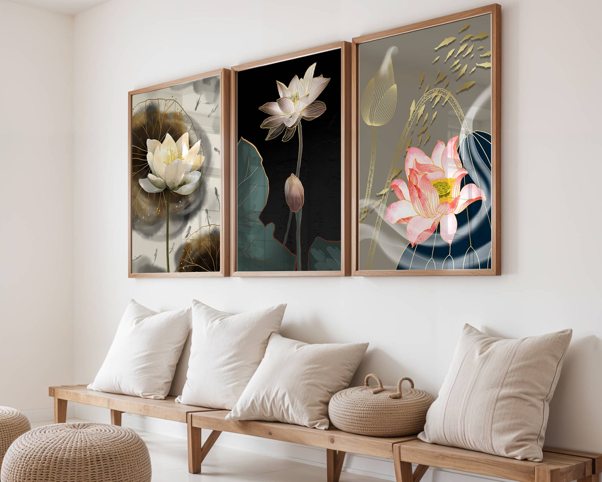 Impressions élégantes de fleurs de lotus avec finition dorée