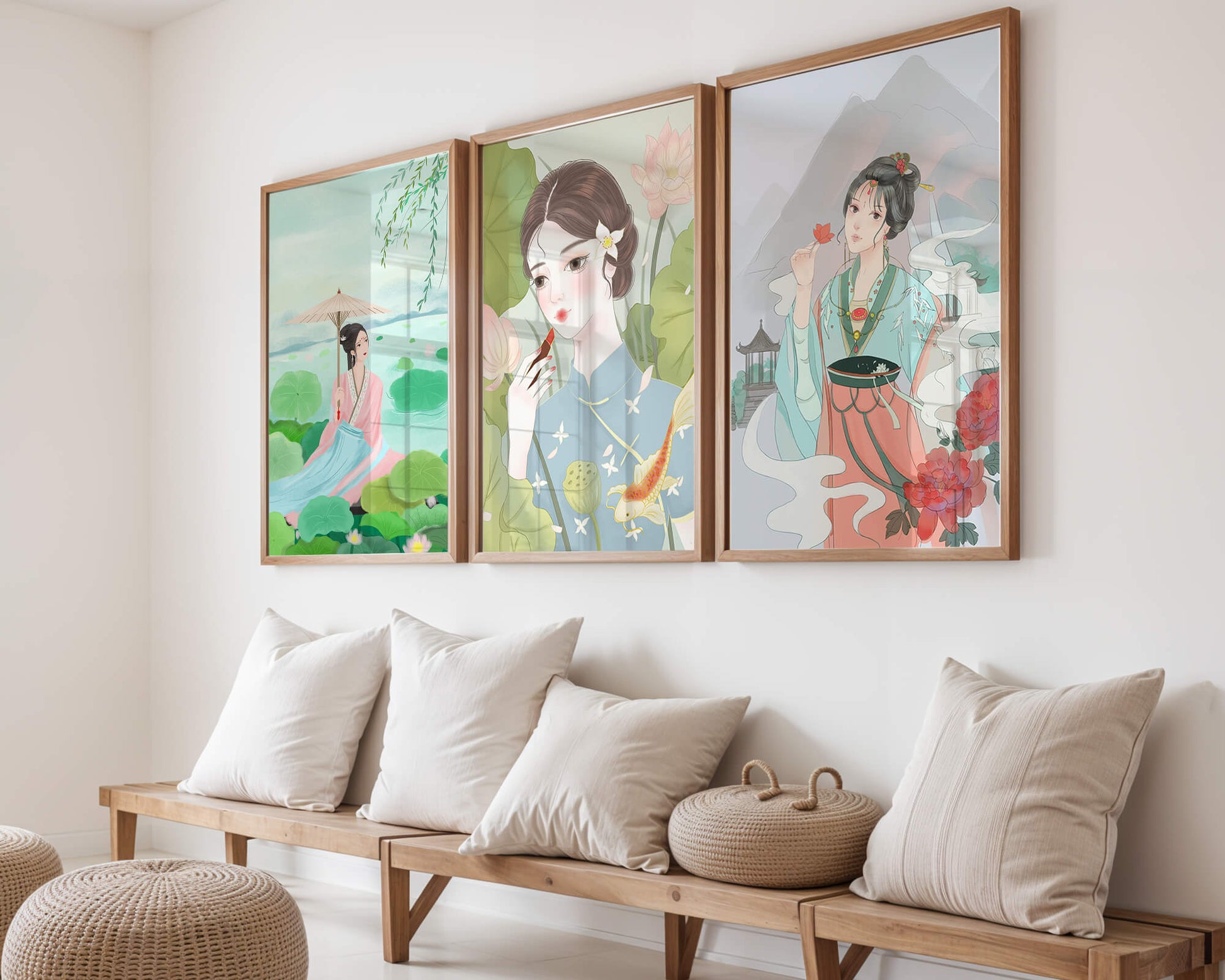 Künstlerische Porträts von Frauen im orientalischen Stil mit Blumen und Naturlandschaften