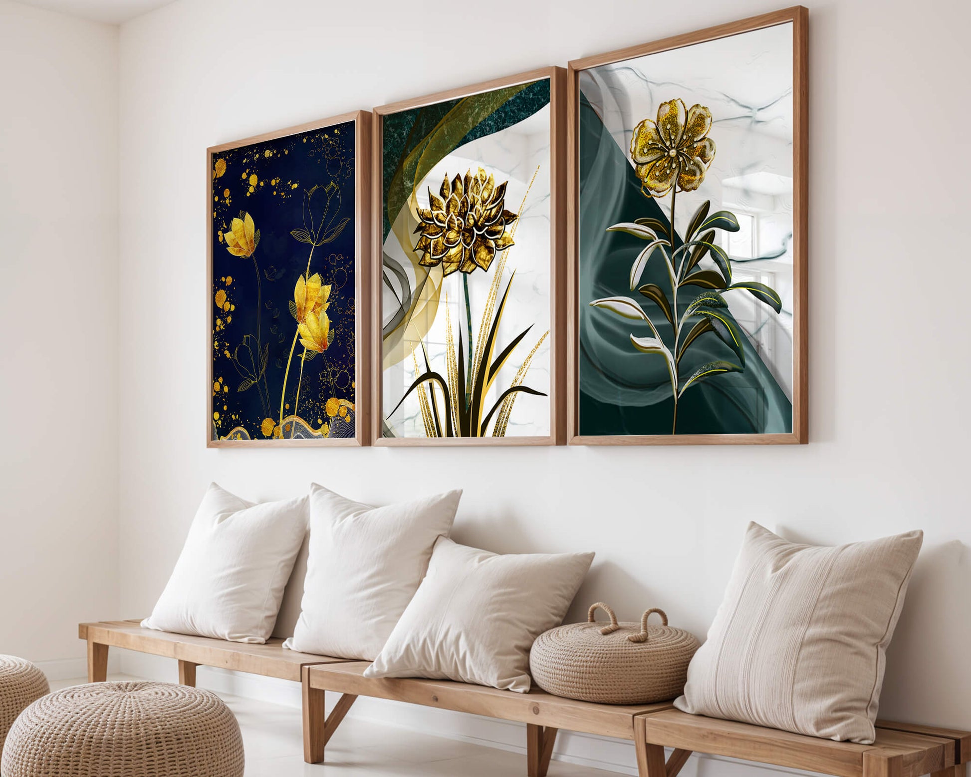 Decoración de Pared con Flores Doradas sobre Fondos Artísticos