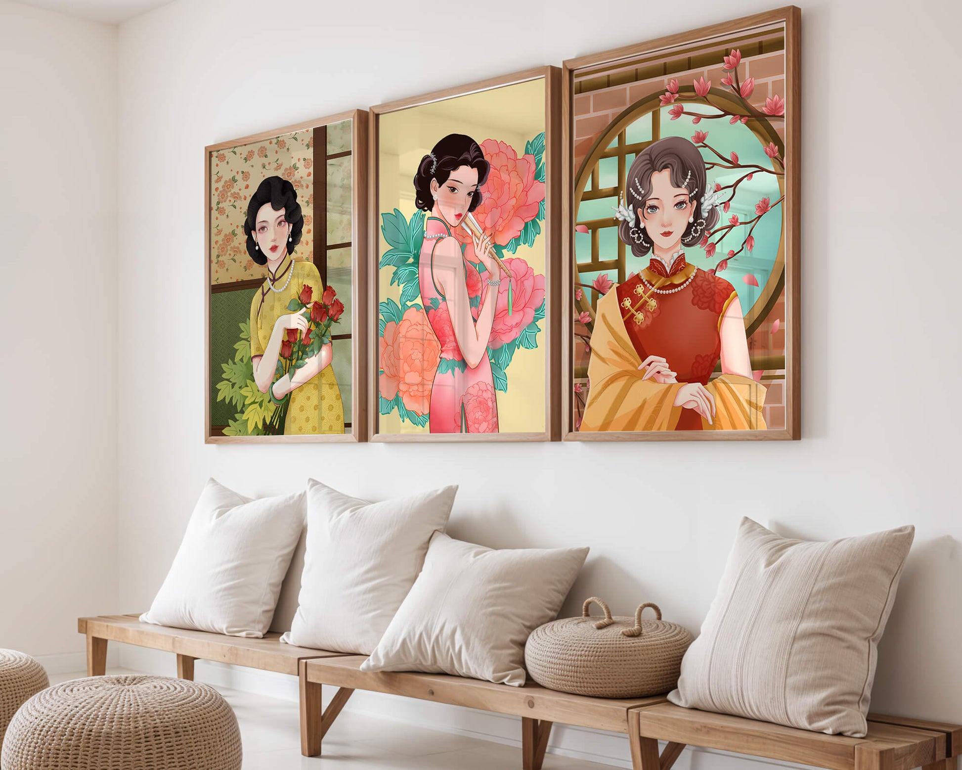 Conjunto de Tres Ilustraciones de Mujeres con Estilo Asiático Clásico