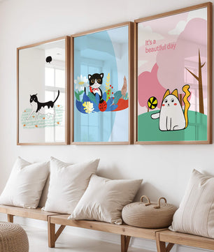 Pósters Coloridos con Gatos en Estilo Ilustrado para Decoración