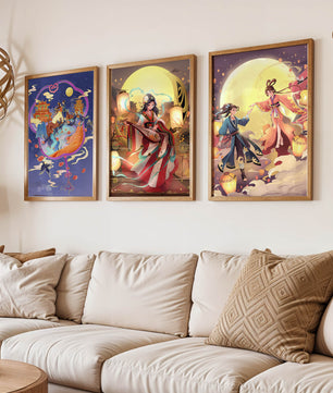 Triptyque de posters à thème oriental et pleine lune