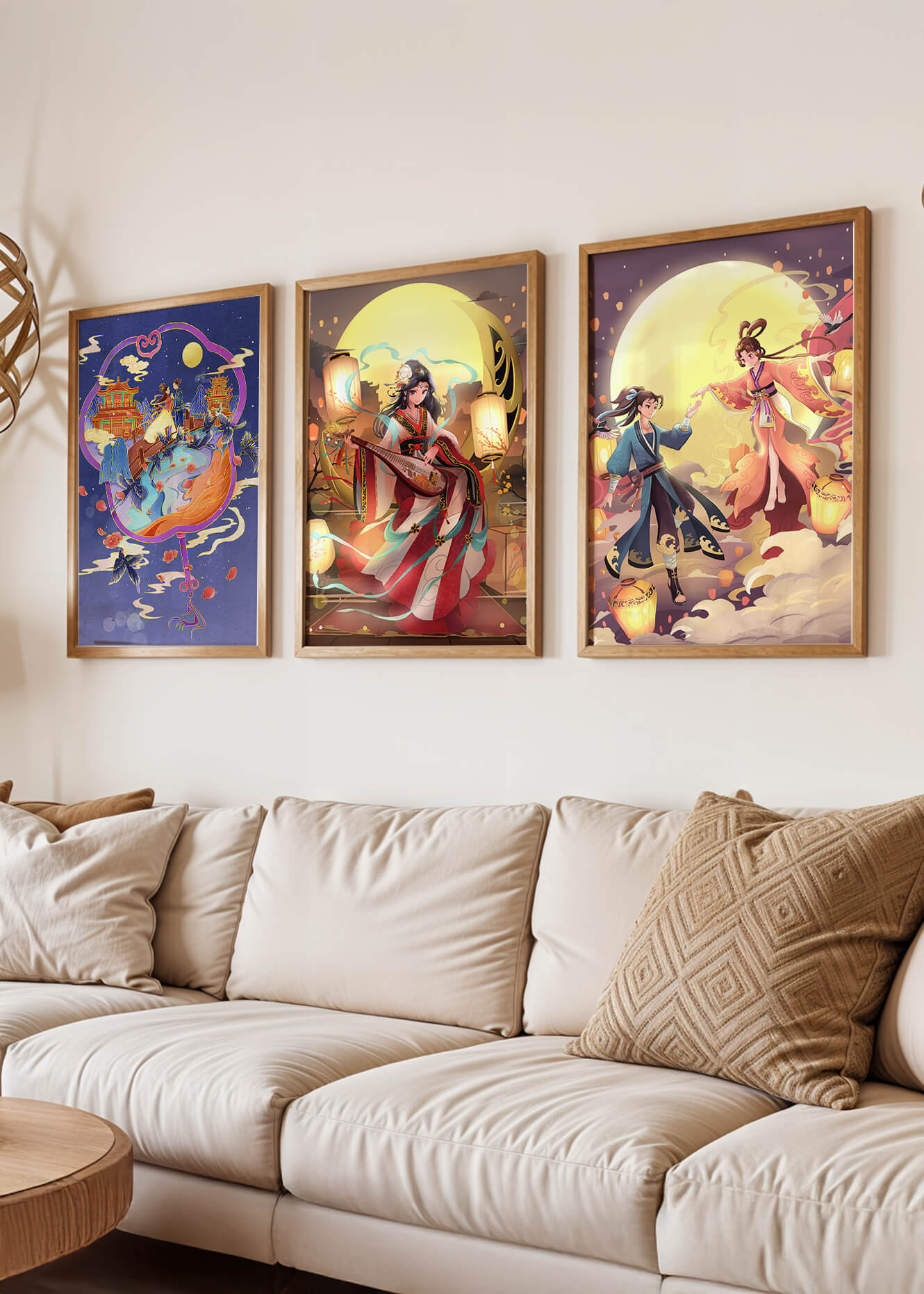 Triptyque de posters à thème oriental et pleine lune