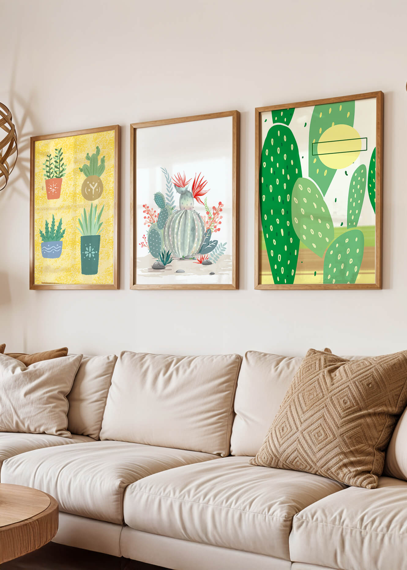 Conjunto de Ilustraciones de Cactus en Marcos de Madera en Pared Clara