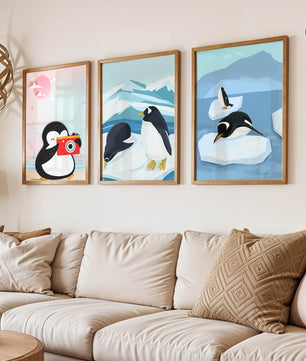 Affiche de pingouins sur plancher en bois