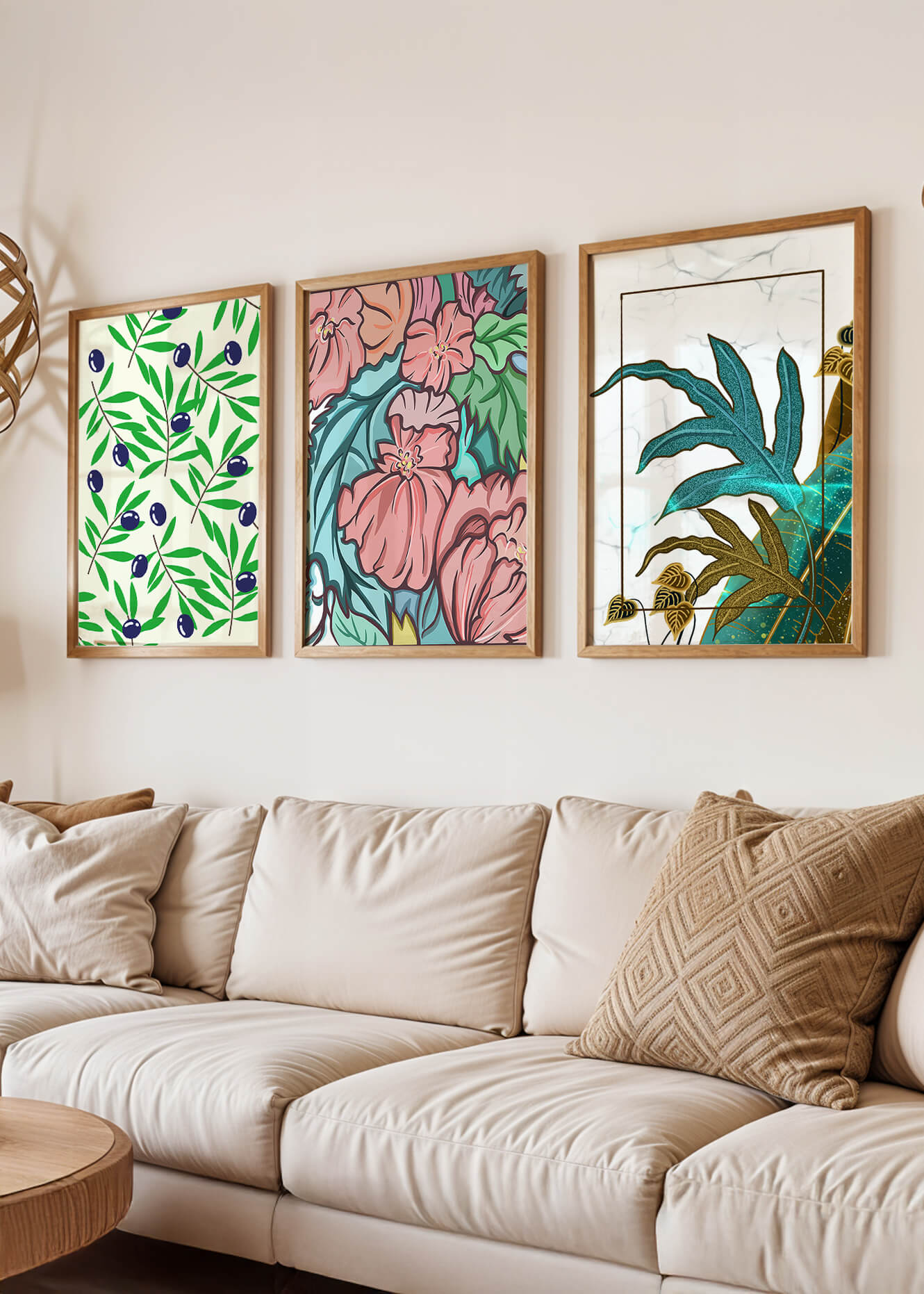 Impressions florales et tropicales sans cadre dans un salon moderne
