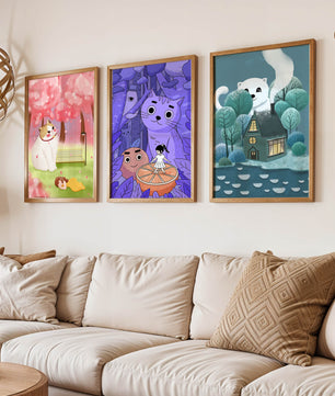 Triptyque d’illustrations de chats dans des paysages magiques