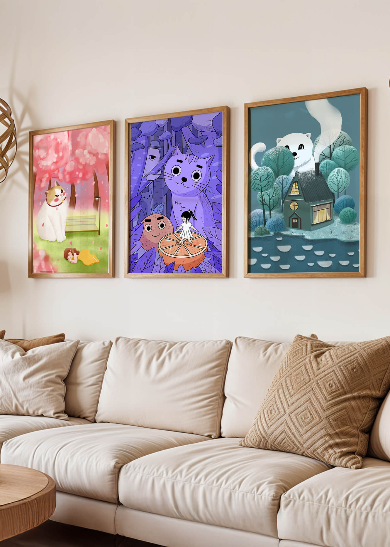 Triptyque d’illustrations de chats dans des paysages magiques