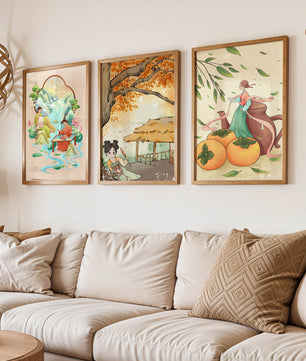 Set asiatischer Kunst auf Leinwänden ohne Rahmen mit natürlichen Motiven
