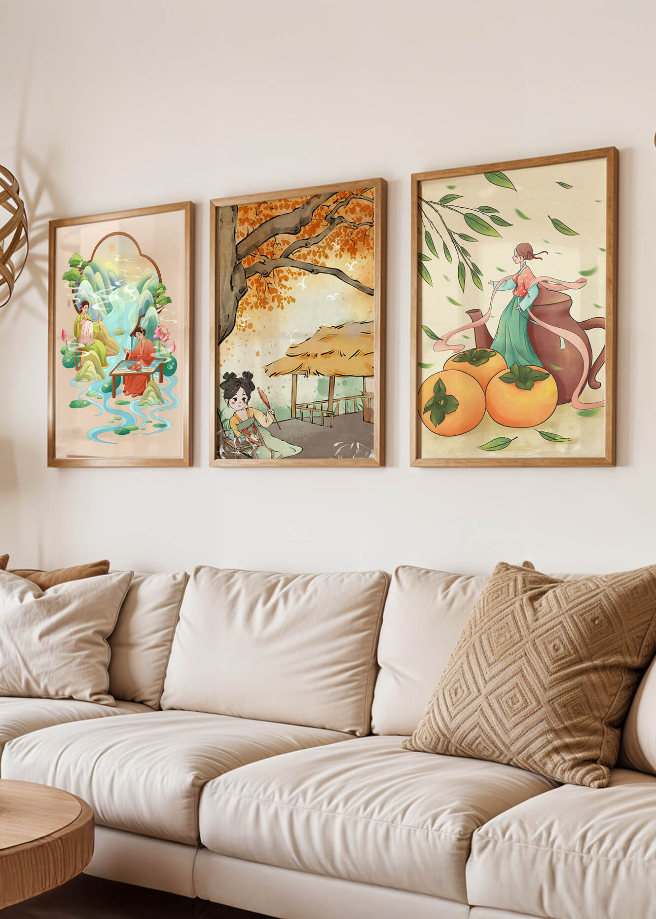 Set asiatischer Kunst auf Leinwänden ohne Rahmen mit natürlichen Motiven