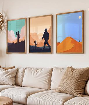 Ensemble d'impressions artistiques de paysages désertiques avec des silhouettes et des cactus