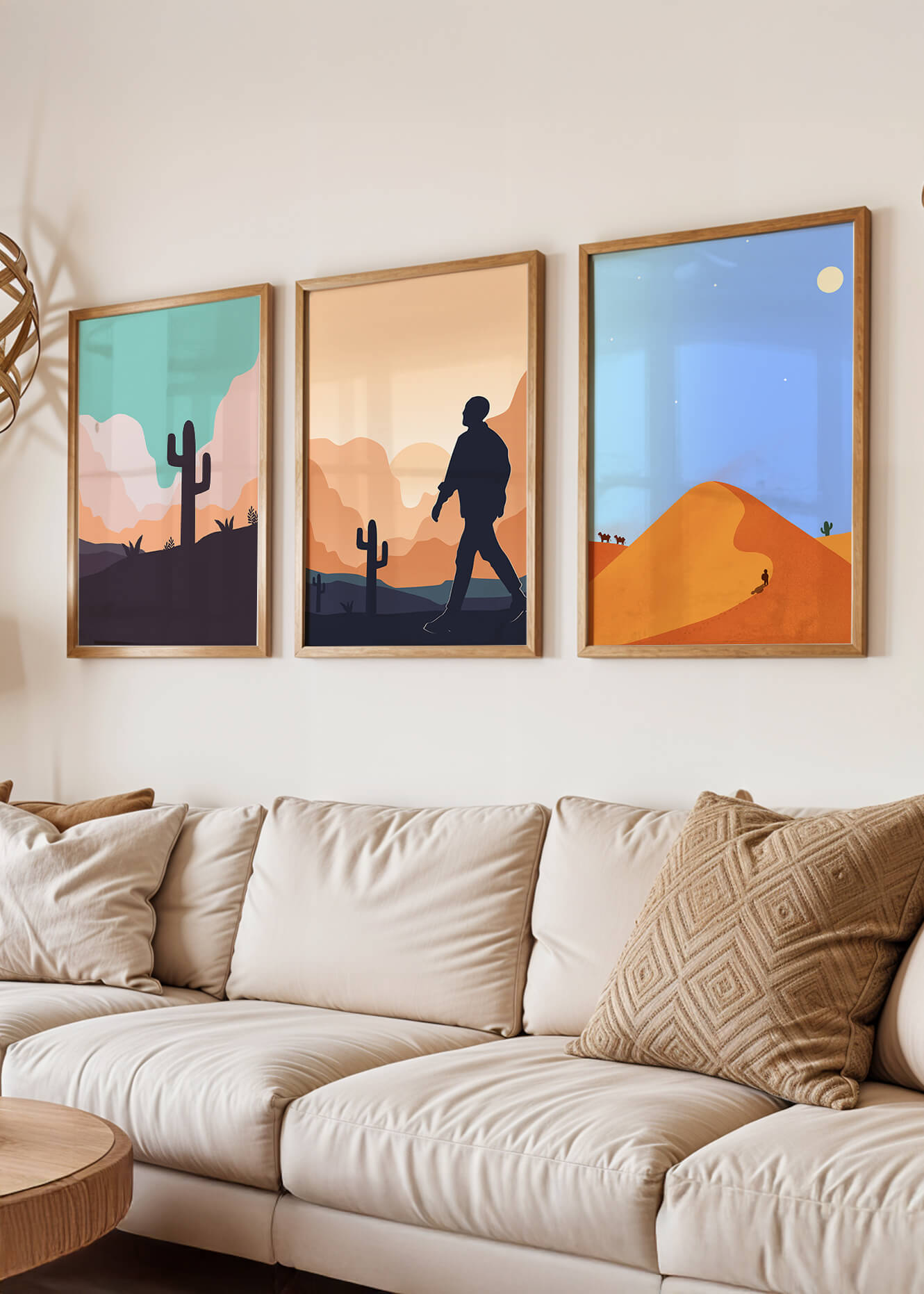 Ensemble d'impressions artistiques de paysages désertiques avec des silhouettes et des cactus