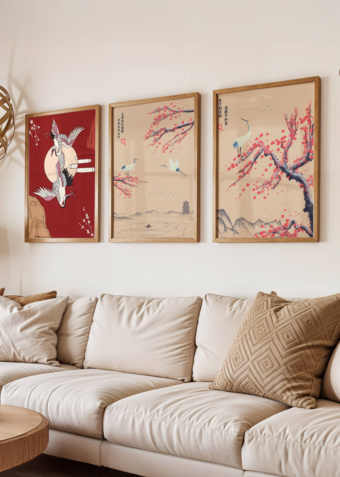 Ensemble de trois toiles avec grues et motifs naturels dans un style asiatique