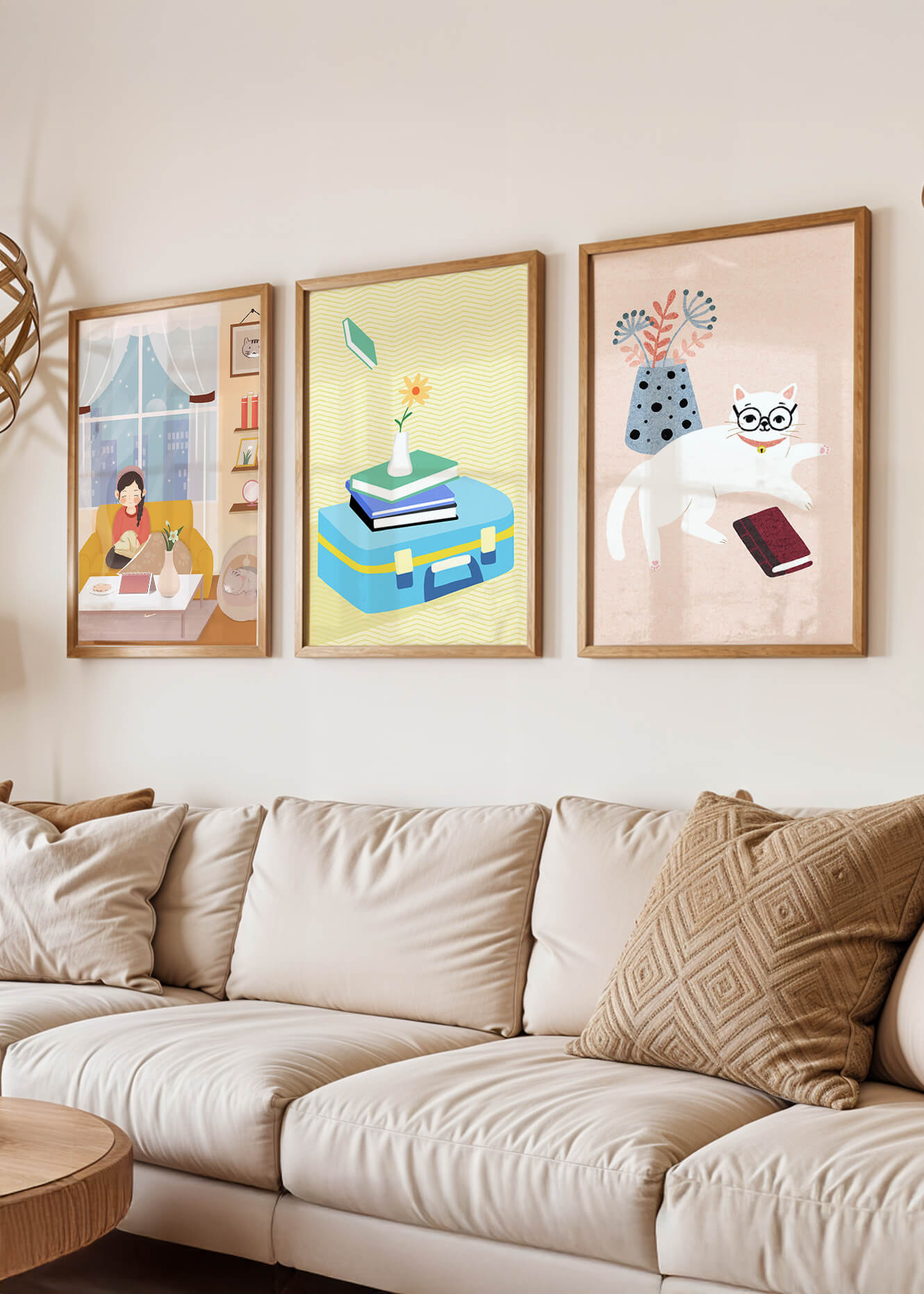 Triptyque moderne avec illustrations d’intérieurs et d’animaux