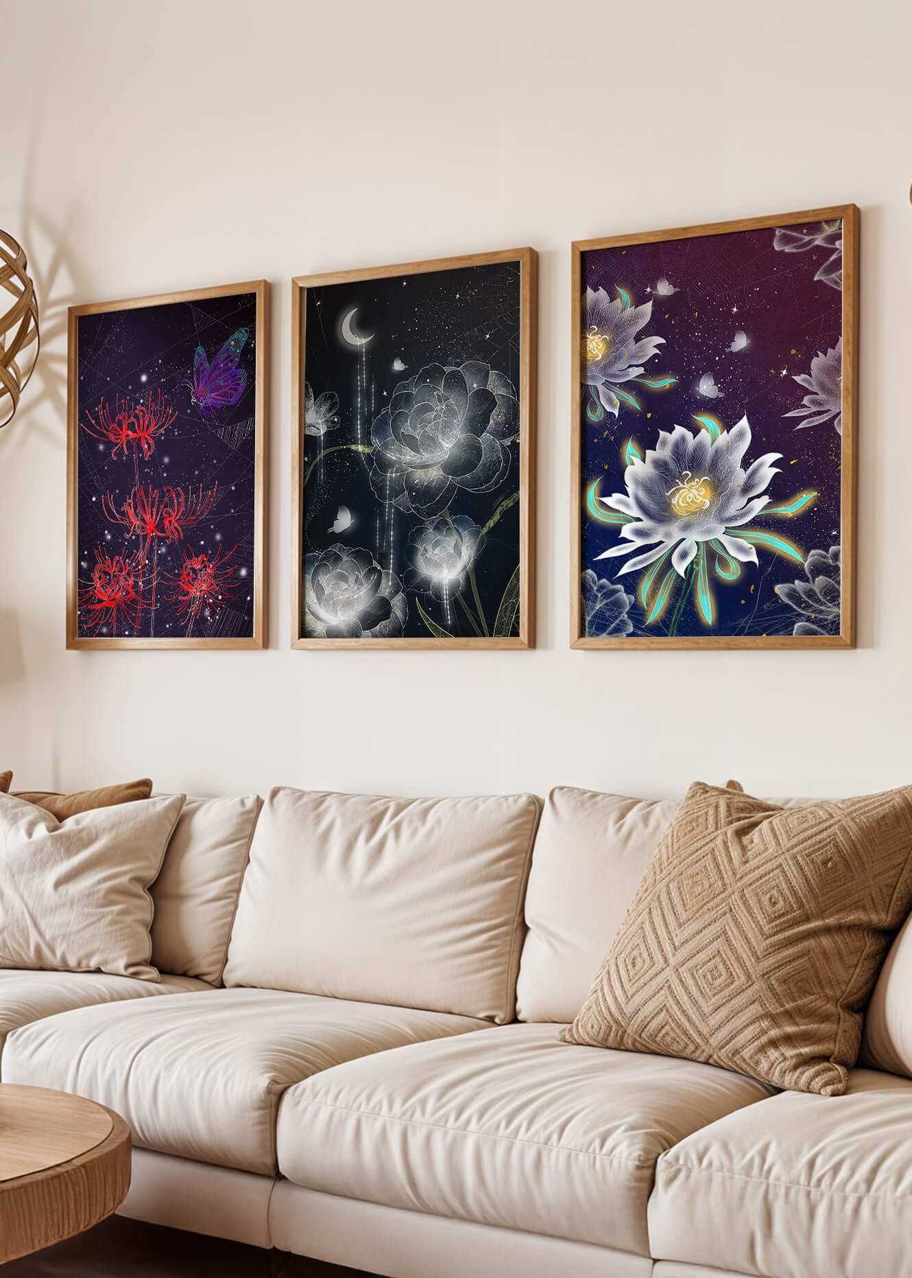 Pared Decorada con Conjunto de Tres Lienzos de Flores y Elementos Naturales