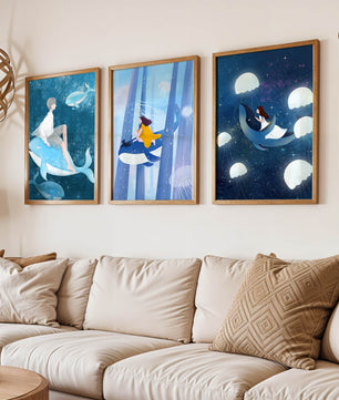 Ensemble d'illustrations de baleines volantes et de figures humaines dans un environnement cosmique